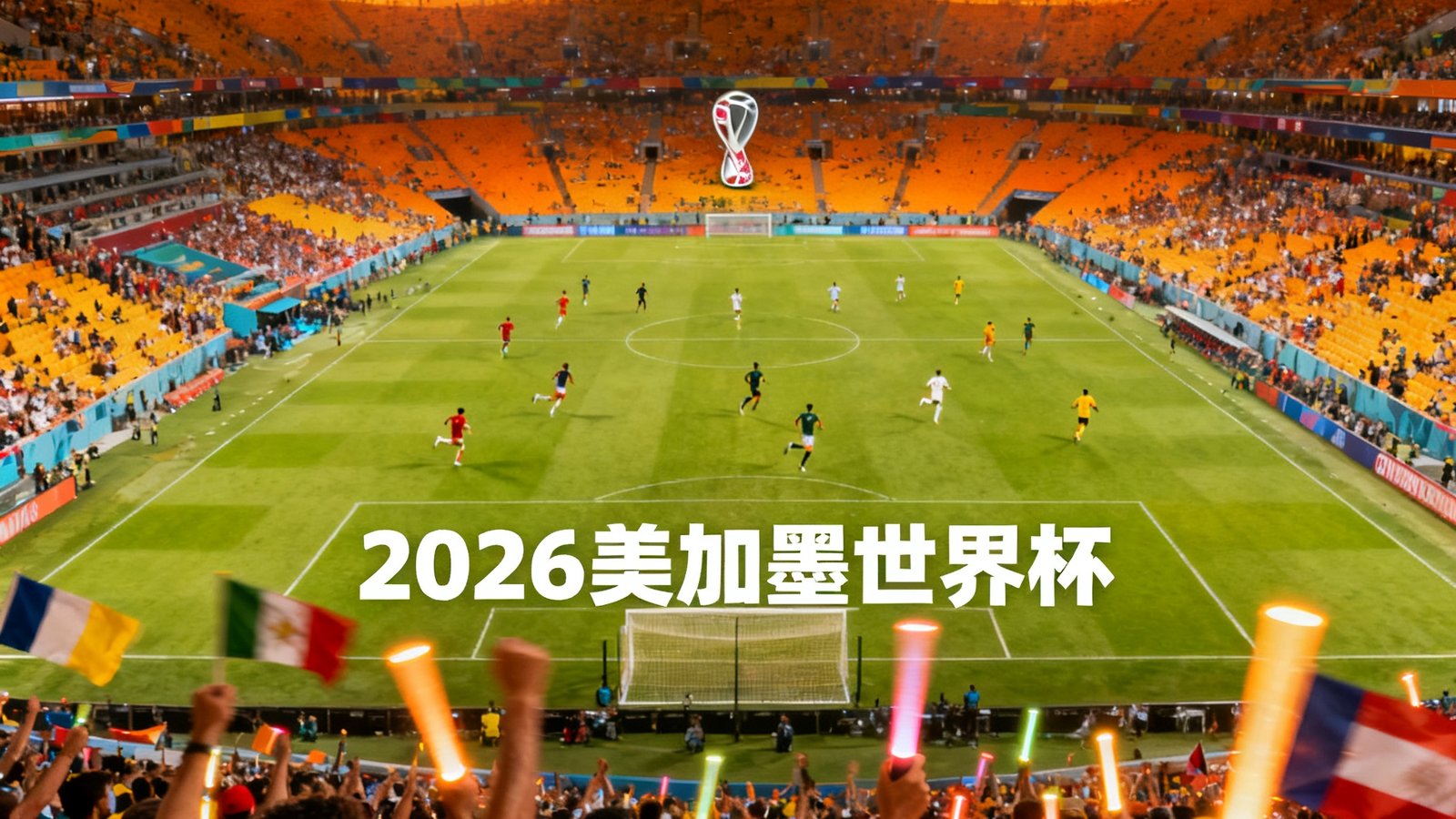 2026美加墨世界杯英雄视觉：球场与球迷巨幅全景，强烈的赛事氛围